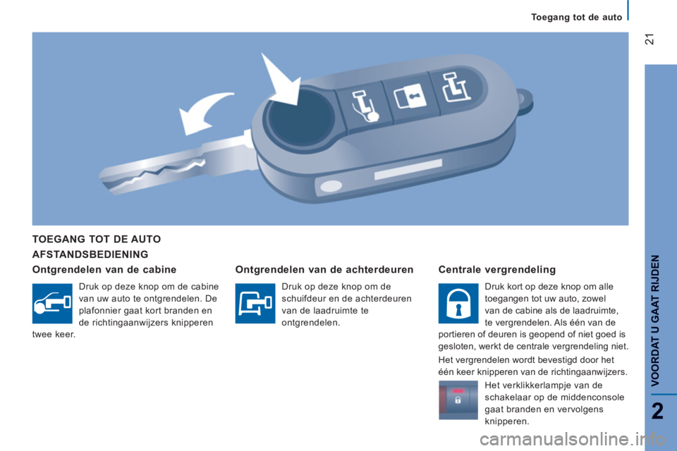 CITROEN JUMPER 2014  Instructieboekjes (in Dutch) 21
2
VOORDAT U GAAT RIJDE
NAFSTANDSBEDIENING   TOEGANG TOT DE AUTO  
Ont
grendelen van de cabine
   
Druk op deze knop om de cabine 
van uw auto te ontgrendelen. De 
plafonnier gaat kort branden en 
d