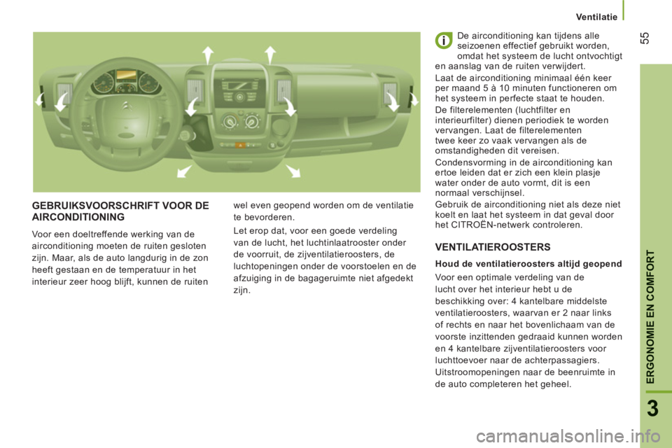 CITROEN JUMPER 2014  Instructieboekjes (in Dutch) 55
3
ERGONOMIE EN COMFOR
T
Ventilatie
GEBRUIKSVOORSCHRIFT VOOR DEAIRCONDITIONING
  Voor een doeltreffende werking van de 
airconditioning moeten de ruiten gesloten 
zijn. Maar, als de auto langdurig i