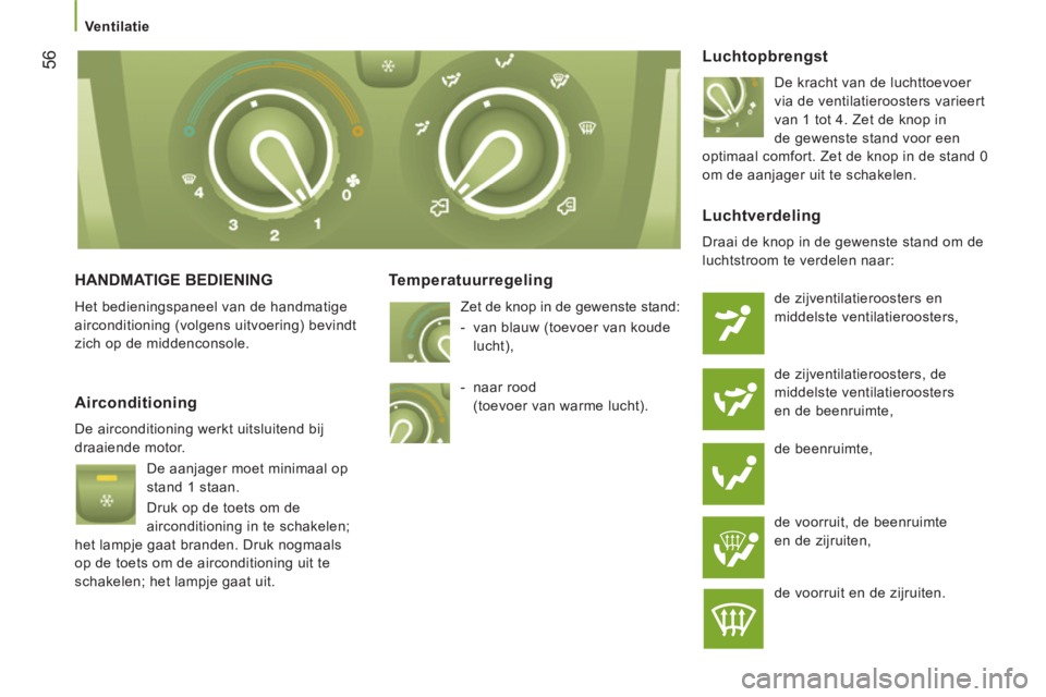 CITROEN JUMPER 2014  Instructieboekjes (in Dutch) 56
   
 Ventilatie 
 
HANDMATIGE BEDIENING 
 
Het bedieningspaneel van de handmatige 
airconditioning (volgens uitvoering) bevindt 
zich op de middenconsole. 
Temperatuurregeling 
  Zet de knop in de 