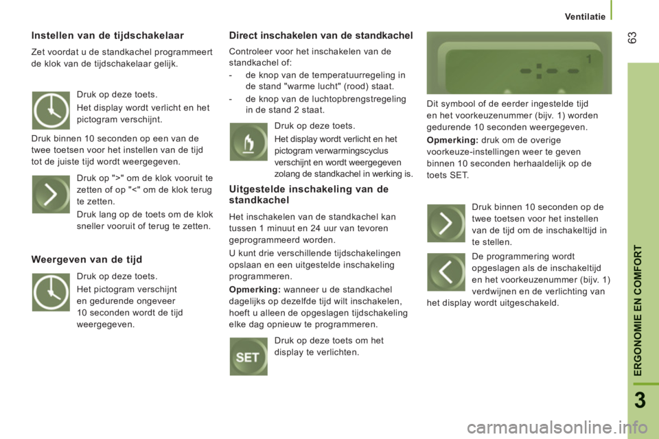 CITROEN JUMPER 2014 Instructieboekjes (in Dutch) 63
3
ERGONOMIE EN COMFOR
T
Ventilatie
Instellen van de tijdschakelaar
Zet voordat u de standkachel programmeert
de klok van de tijdschakelaar gelijk.
Direct inschakelen van de standkachel
C CITROEN JUMPER 2014 Instructieboekjes (in Dutch) 63
3
ERGONOMIE EN COMFOR
T
Ventilatie
Instellen van de tijdschakelaar
Zet voordat u de standkachel programmeert
de klok van de tijdschakelaar gelijk.
Direct inschakelen van de standkachel
C