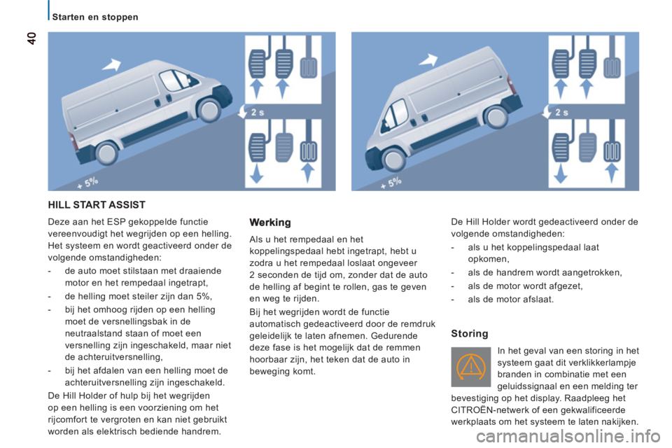 CITROEN JUMPER 2012 Instructieboekjes (in Dutch)
Starten en stoppen
40
4040
HILL START ASSIST
Deze aan het ESP gekoppelde functie
vereenvoudigt het wegrijden op een helling.
Het systeem en wordt geactiveerd onder de
volgende omstandig CITROEN JUMPER 2012 Instructieboekjes (in Dutch)
Starten en stoppen
40
4040
HILL START ASSIST
Deze aan het ESP gekoppelde functie
vereenvoudigt het wegrijden op een helling.
Het systeem en wordt geactiveerd onder de
volgende omstandig
