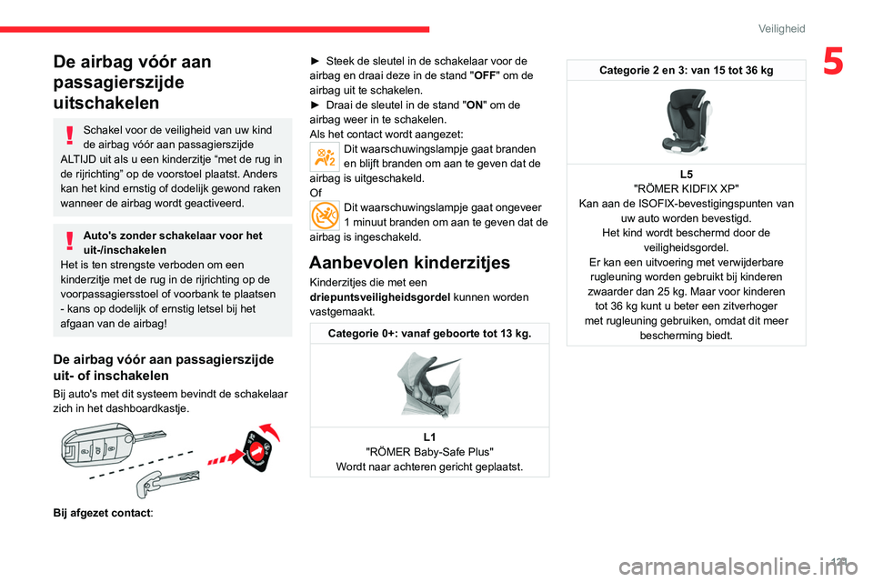 CITROEN JUMPER SPACETOURER 2021  Instructieboekjes (in Dutch) 121
Veiligheid
5De airbag vóór aan 
passagierszijde 
uitschakelen
Schakel voor de veiligheid van uw kind 
de airbag vóór aan passagierszijde 
ALTIJD uit als u een kinderzitje “met de rug in 
de 