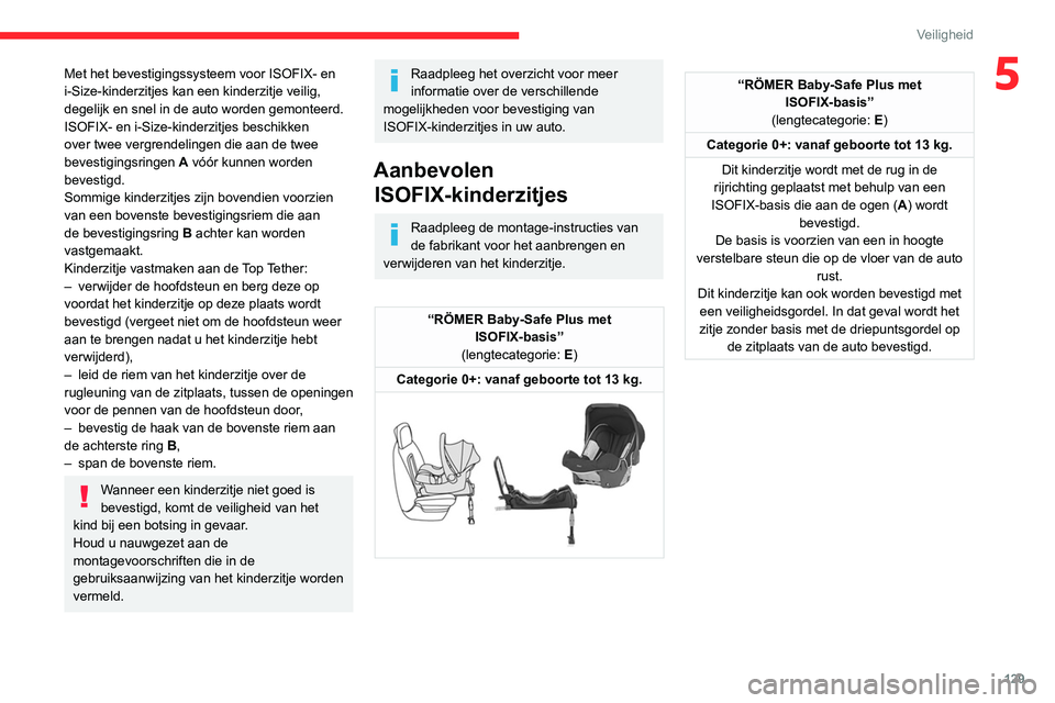 CITROEN JUMPER SPACETOURER 2021  Instructieboekjes (in Dutch) 129
Veiligheid
5Met het bevestigingssysteem voor ISOFIX- en 
i-Size-kinderzitjes kan een kinderzitje veilig, 
degelijk en snel in de auto worden gemonteerd.
ISOFIX- en i-Size-kinderzitjes beschikken 
