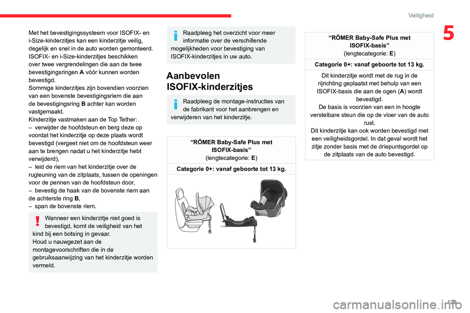 CITROEN JUMPER SPACETOURER 2021  Instructieboekjes (in Dutch) 129
Veiligheid
5Met het bevestigingssysteem voor ISOFIX- en 
i-Size-kinderzitjes kan een kinderzitje veilig, 
degelijk en snel in de auto worden gemonteerd.
ISOFIX- en i-Size-kinderzitjes beschikken 
