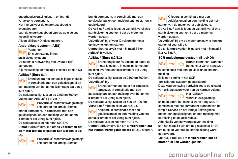 CITROEN JUMPER SPACETOURER 2021  Instructieboekjes (in Dutch) 14
Instrumentenpaneel
onderhoudssleutel knippert, en brandt 
vervolgens permanent.
Het interval voor de onderhoudsbeurt is 
overschreden.
Laat de onderhoudsbeurt van uw auto zo snel 
mogelijk uitvoere