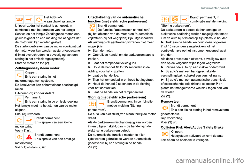 CITROEN JUMPER SPACETOURER 2021  Instructieboekjes (in Dutch) 15
Instrumentenpaneel
1Het AdBlue®-
waarschuwingslampje 
knippert zodra het contact is aangezet, in 
combinatie met het branden van het lampje 
Service en het lampje Zelfdiagnose motor, een 
geluidss