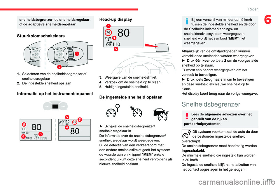 CITROEN JUMPER SPACETOURER 2021  Instructieboekjes (in Dutch) 171
Rijden
6snelheidsbegrenzer, de snelheidsregelaar 
of de adaptieve snelheidsregelaar.
Stuurkolomschakelaars
1.Selecteren van de snelheidsbegrenzer of 
snelheidsregelaar
2. De ingestelde snelheid op