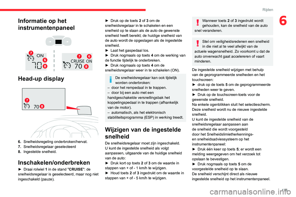 CITROEN JUMPER SPACETOURER 2021  Instructieboekjes (in Dutch) 175
Rijden
6Informatie op het 
instrumentenpaneel
 
 
 
 
Head-up display 
 
6. Snelheidsregeling onderbroken/hervat.
7. Snelheidsregelaar geselecteerd
8. Ingestelde snelheid.
Inschakelen/onderbreken
