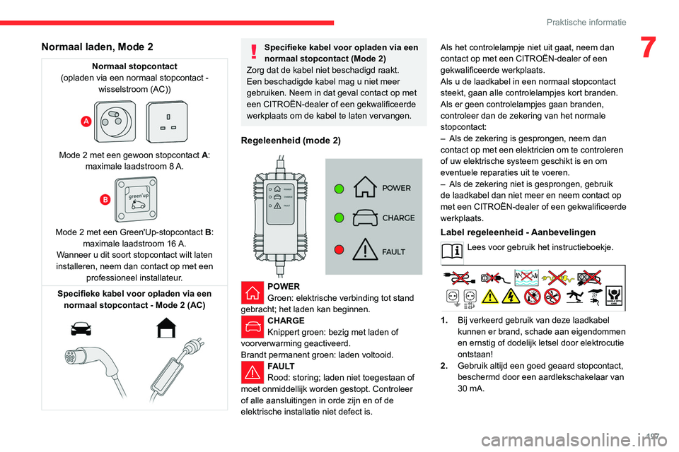 CITROEN JUMPER SPACETOURER 2021  Instructieboekjes (in Dutch) 197
Praktische informatie
7Normaal laden, Mode 2
Normaal stopcontact
(opladen via een normaal stopcontact -  wisselstroom (AC))
 
 
Mode 2 met een gewoon stopcontact  A: 
maximale laadstroom 8 A.
 
 
