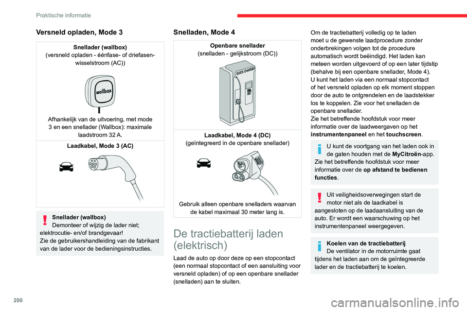 CITROEN JUMPER SPACETOURER 2021  Instructieboekjes (in Dutch) 200
Praktische informatie
Versneld opladen, Mode 3
Snellader (wallbox)
(versneld opladen - éénfase- of driefasen- wisselstroom (AC))
 
 
Afhankelijk van de uitvoering, met mode 3 en een snellader (W