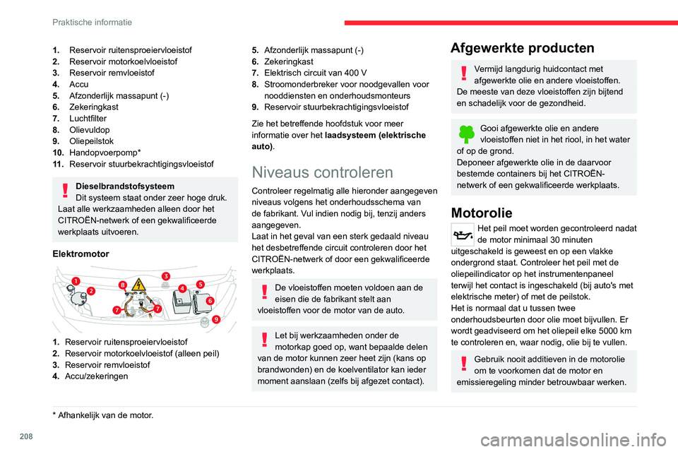 CITROEN JUMPER SPACETOURER 2021  Instructieboekjes (in Dutch) 208
Praktische informatie
1.Reservoir ruitensproeiervloeistof
2. Reservoir motorkoelvloeistof
3. Reservoir remvloeistof
4. Accu
5. Afzonderlijk massapunt (-)
6. Zekeringkast
7. Luchtfilter
8. Olievuld