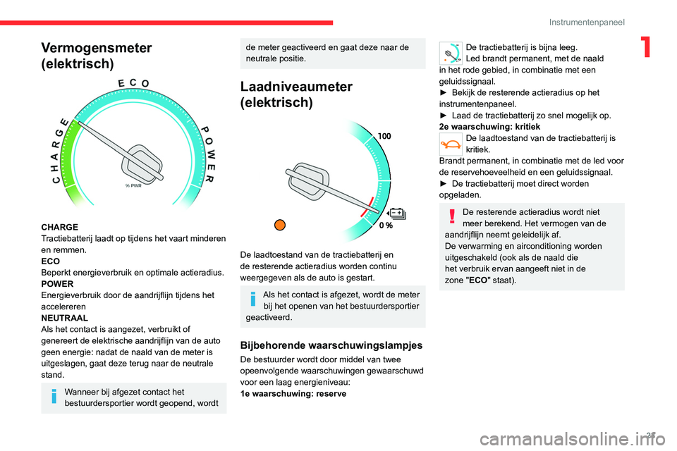 CITROEN JUMPER SPACETOURER 2021  Instructieboekjes (in Dutch) 23
Instrumentenpaneel
1Vermogensmeter 
(elektrisch)
 
 
CHARGE
Tractiebatterij laadt op tijdens het vaart minderen 
en remmen.
ECO
Beperkt energieverbruik en optimale actieradius.
POWER
Energieverbrui