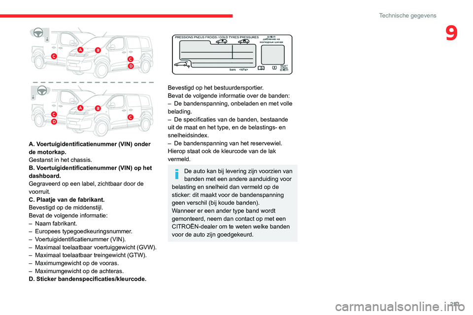 CITROEN JUMPER SPACETOURER 2021  Instructieboekjes (in Dutch) 253
Technische gegevens
9
 
A. Voertuigidentificatienummer (VIN) onder 
de motorkap.
Gestanst in het chassis.
B. Voertuigidentificatienummer (VIN) op het 
dashboard.
Gegraveerd op een label, zichtbaar