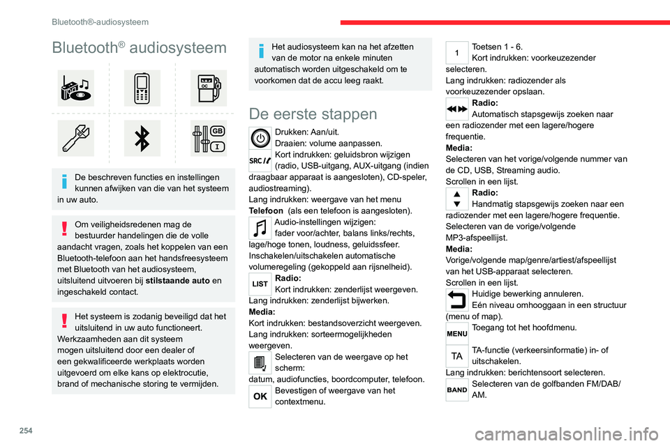 CITROEN JUMPER SPACETOURER 2021  Instructieboekjes (in Dutch) 254
Bluetooth®-audiosysteem
Bluetooth® audiosysteem 
 
De beschreven functies en instellingen 
kunnen afwijken van die van het systeem 
in uw auto.
Om veiligheidsredenen mag de 
bestuurder handeling