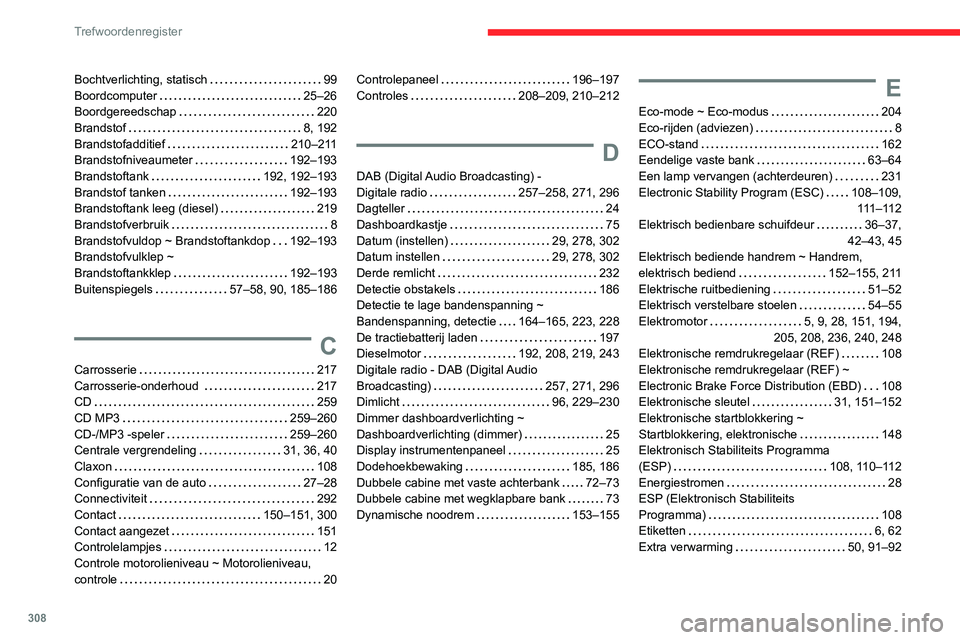 CITROEN JUMPER SPACETOURER 2021  Instructieboekjes (in Dutch) 308
Trefwoordenregister
Bochtverlichting, statisch     99
Boordcomputer     
25–26
Boordgereedschap
    
220
Brandstof
    
8, 192
Brandstofadditief
    
210–211
Brandstofniveaumeter
    
192–19