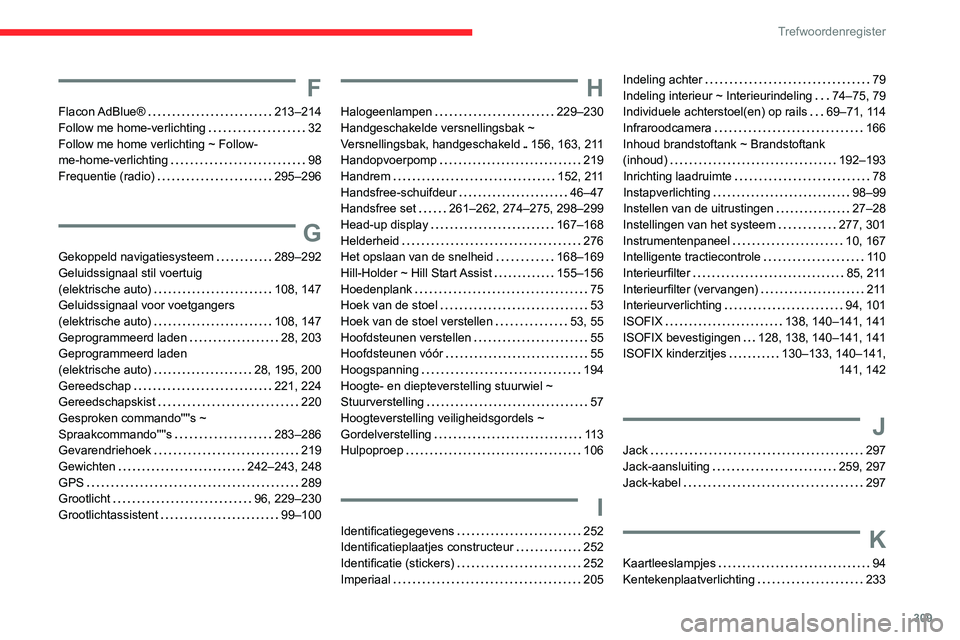 CITROEN JUMPER SPACETOURER 2021 Instructieboekjes (in Dutch) 309
Trefwoordenregister
F
Flacon AdBlue® 213–214
Follow me home-verlichting
32
Follow me home verlichting ~ Follow-
me-home-verlichting
98
Frequentie (radio)
295–296
G
Gekoppe CITROEN JUMPER SPACETOURER 2021 Instructieboekjes (in Dutch) 309
Trefwoordenregister
F
Flacon AdBlue® 213–214
Follow me home-verlichting
32
Follow me home verlichting ~ Follow-
me-home-verlichting
98
Frequentie (radio)
295–296
G
Gekoppe