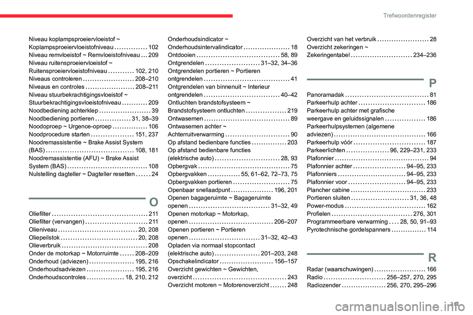 CITROEN JUMPER SPACETOURER 2021  Instructieboekjes (in Dutch) 3 11
Trefwoordenregister
Niveau koplampsproeiervloeistof ~ 
Koplampsproeiervloeistofniveau    
102
Niveau remvloeistof ~ Remvloeistofniveau
    
209
Niveau ruitensproeiervloeistof ~ 
Ruitensproeiervlo