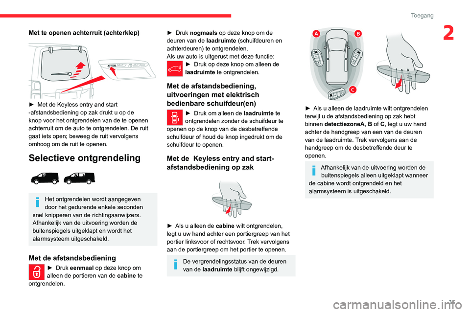 CITROEN JUMPER SPACETOURER 2021  Instructieboekjes (in Dutch) 35
Toegang 
2Met te openen achterruit (achterklep)
 
 
► Met de Keyless entry and start 
-afstandsbediening op zak drukt u op de 
knop voor het ontgrendelen van de te openen 
achterruit om de auto t