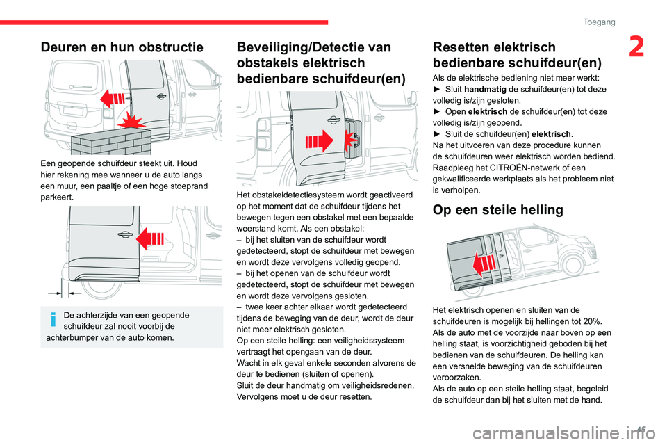 CITROEN JUMPER SPACETOURER 2021  Instructieboekjes (in Dutch) 45
Toegang 
2Deuren en hun obstructie 
 
Een geopende schuifdeur steekt uit. Houd 
hier rekening mee wanneer u de auto langs 
een muur, een paaltje of een hoge stoeprand 
parkeert.
 
 
De achterzijde 