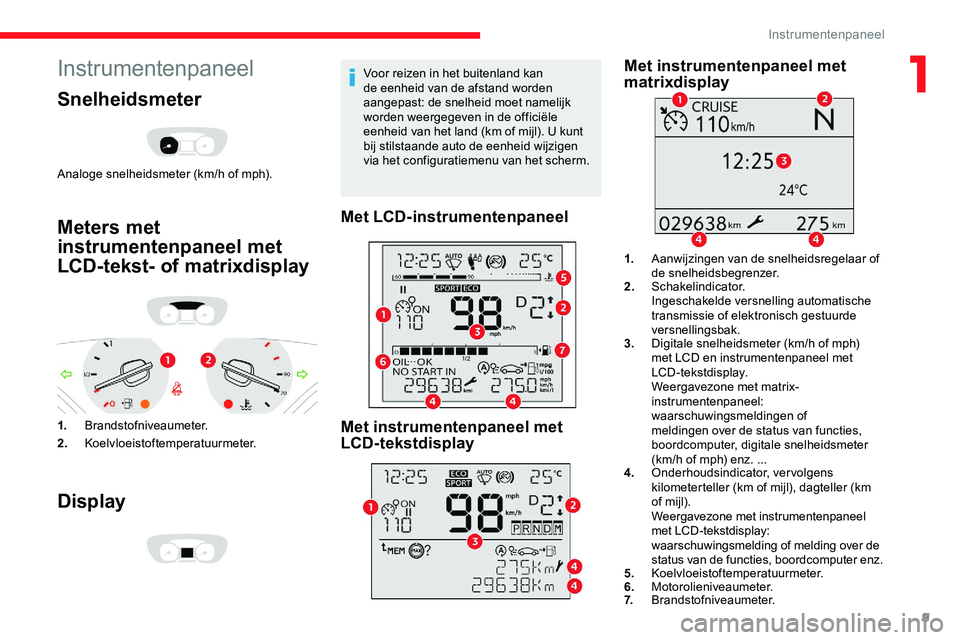 CITROEN JUMPER SPACETOURER 2020  Instructieboekjes (in Dutch) 9
Instrumentenpaneel
Snelheidsmeter
Analoge snelheidsmeter (km/h of mph).
Meters met 
instrumentenpaneel met 
LCD-tekst- of matrixdisplay
1.Brandstofniveaumeter.
2. Koelvloeistoftemperatuurmeter.
Disp