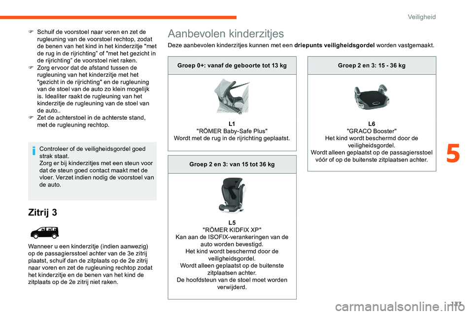 CITROEN JUMPER SPACETOURER 2020 Instructieboekjes (in Dutch) 123
F Schuif de voorstoel naar voren en zet de rugleuning van de voorstoel rechtop, zodat
de benen van het kind in het kinderzitje "met
de rug in de rijrichting” of "met het gezicht in
de CITROEN JUMPER SPACETOURER 2020 Instructieboekjes (in Dutch) 123
F Schuif de voorstoel naar voren en zet de rugleuning van de voorstoel rechtop, zodat
de benen van het kind in het kinderzitje "met
de rug in de rijrichting” of "met het gezicht in
de