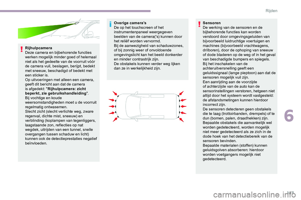 CITROEN JUMPER SPACETOURER 2020 Instructieboekjes (in Dutch) 157
Rijhulpcamera
Deze camera en bijbehorende functies
werken mogelijk minder goed of helemaal
niet als het gedeelte van de voorruit vóór
de camera vuil, beslagen, berijpt, bedekt
met sneeuw, be CITROEN JUMPER SPACETOURER 2020 Instructieboekjes (in Dutch) 157
Rijhulpcamera
Deze camera en bijbehorende functies
werken mogelijk minder goed of helemaal
niet als het gedeelte van de voorruit vóór
de camera vuil, beslagen, berijpt, bedekt
met sneeuw, be