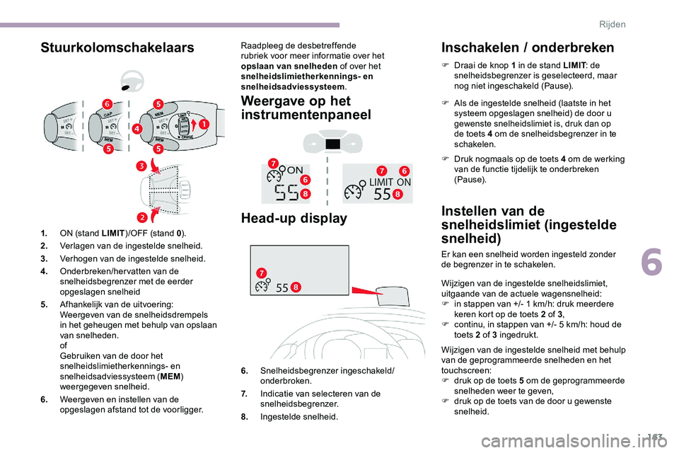 CITROEN JUMPER SPACETOURER 2020 Instructieboekjes (in Dutch) 163
StuurkolomschakelaarsRaadpleeg de desbetreffende
rubriek voor meer informatie over het
opslaan van snelheden of over het
snelheidslimietherkennings- en
snelheidsadviessysteem .
Weergave op het CITROEN JUMPER SPACETOURER 2020 Instructieboekjes (in Dutch) 163
StuurkolomschakelaarsRaadpleeg de desbetreffende
rubriek voor meer informatie over het
opslaan van snelheden of over het
snelheidslimietherkennings- en
snelheidsadviessysteem .
Weergave op het