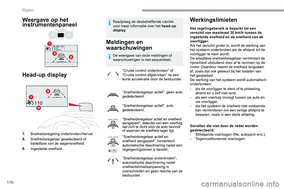 CITROEN JUMPER SPACETOURER 2020 Instructieboekjes (in Dutch) 170
Raadpleeg de desbetreffende rubriek
voor meer informatie over het head-up
display.
Meldingen en
waarschuwingen
De weergave van deze meldingen of
waarschuwingen is niet sequentieel.
Werkingslim CITROEN JUMPER SPACETOURER 2020 Instructieboekjes (in Dutch) 170
Raadpleeg de desbetreffende rubriek
voor meer informatie over het head-up
display.
Meldingen en
waarschuwingen
De weergave van deze meldingen of
waarschuwingen is niet sequentieel.
Werkingslim
