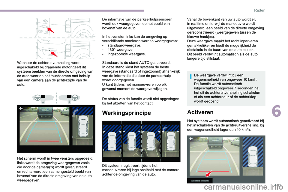 CITROEN JUMPER SPACETOURER 2020 Instructieboekjes (in Dutch) 181
Wanneer de achteruitversnelling wordt
ingeschakeld bij draaiende motor geeft dit
systeem beelden van de directe omgeving van
de auto weer op het touchscreen met behulp
van een camera aan de ac CITROEN JUMPER SPACETOURER 2020 Instructieboekjes (in Dutch) 181
Wanneer de achteruitversnelling wordt
ingeschakeld bij draaiende motor geeft dit
systeem beelden van de directe omgeving van
de auto weer op het touchscreen met behulp
van een camera aan de ac