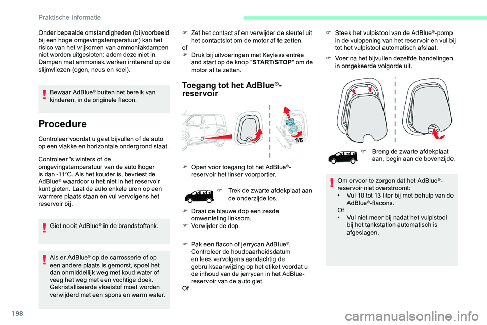 CITROEN JUMPER SPACETOURER 2020 Instructieboekjes (in Dutch) 198
Bewaar AdBlue® buiten het bereik van
kinderen, in de originele flacon.
Procedure
Controleer voordat u gaat bijvullen of de auto
op een vlakke en horizontale ondergrond staat.
Controleer 's CITROEN JUMPER SPACETOURER 2020 Instructieboekjes (in Dutch) 198
Bewaar AdBlue® buiten het bereik van
kinderen, in de originele flacon.
Procedure
Controleer voordat u gaat bijvullen of de auto
op een vlakke en horizontale ondergrond staat.
Controleer 's