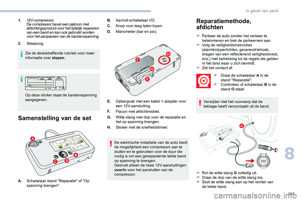 CITROEN JUMPER SPACETOURER 2020 Instructieboekjes (in Dutch) 203
1.12V-compressor.
De compressor bevat een patroon met
afdichtingsproduct voor het tijdelijk repareren
van een band en kan ook gebruikt worden
voor het aanpassen van de bandenspanning.
2. Sleepo CITROEN JUMPER SPACETOURER 2020 Instructieboekjes (in Dutch) 203
1.12V-compressor.
De compressor bevat een patroon met
afdichtingsproduct voor het tijdelijk repareren
van een band en kan ook gebruikt worden
voor het aanpassen van de bandenspanning.
2. Sleepo