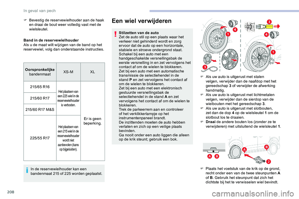 CITROEN JUMPER SPACETOURER 2020 Instructieboekjes (in Dutch) 208
Band in de reservewielhouder
Als u de maat wilt wijzigen van de band op het
reservewiel, volg dan onderstaande instructies.In de reservewielhouder kan een
bandenmaat 215 of 225 worden geplaatst. CITROEN JUMPER SPACETOURER 2020 Instructieboekjes (in Dutch) 208
Band in de reservewielhouder
Als u de maat wilt wijzigen van de band op het
reservewiel, volg dan onderstaande instructies.In de reservewielhouder kan een
bandenmaat 215 of 225 worden geplaatst.