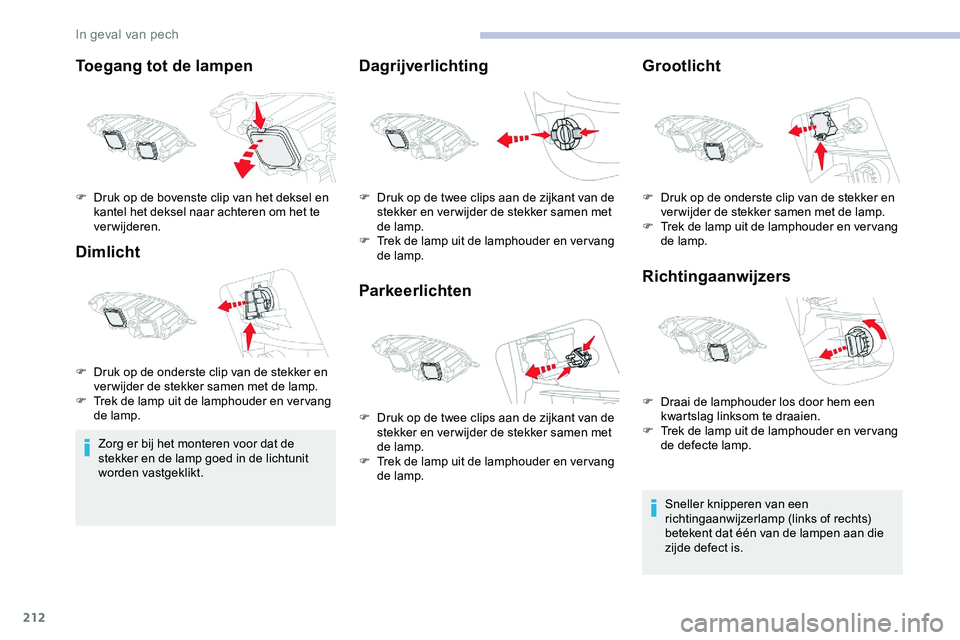 CITROEN JUMPER SPACETOURER 2020 Instructieboekjes (in Dutch) 212
Toegang tot de lampen
Dimlicht
Zorg er bij het monteren voor dat de
stekker en de lamp goed in de lichtunit
worden vastgeklikt.
Dagrijverlichting
ParkeerlichtenGrootlicht
Richtingaanwijzers
Snel CITROEN JUMPER SPACETOURER 2020 Instructieboekjes (in Dutch) 212
Toegang tot de lampen
Dimlicht
Zorg er bij het monteren voor dat de
stekker en de lamp goed in de lichtunit
worden vastgeklikt.
Dagrijverlichting
ParkeerlichtenGrootlicht
Richtingaanwijzers
Snel
