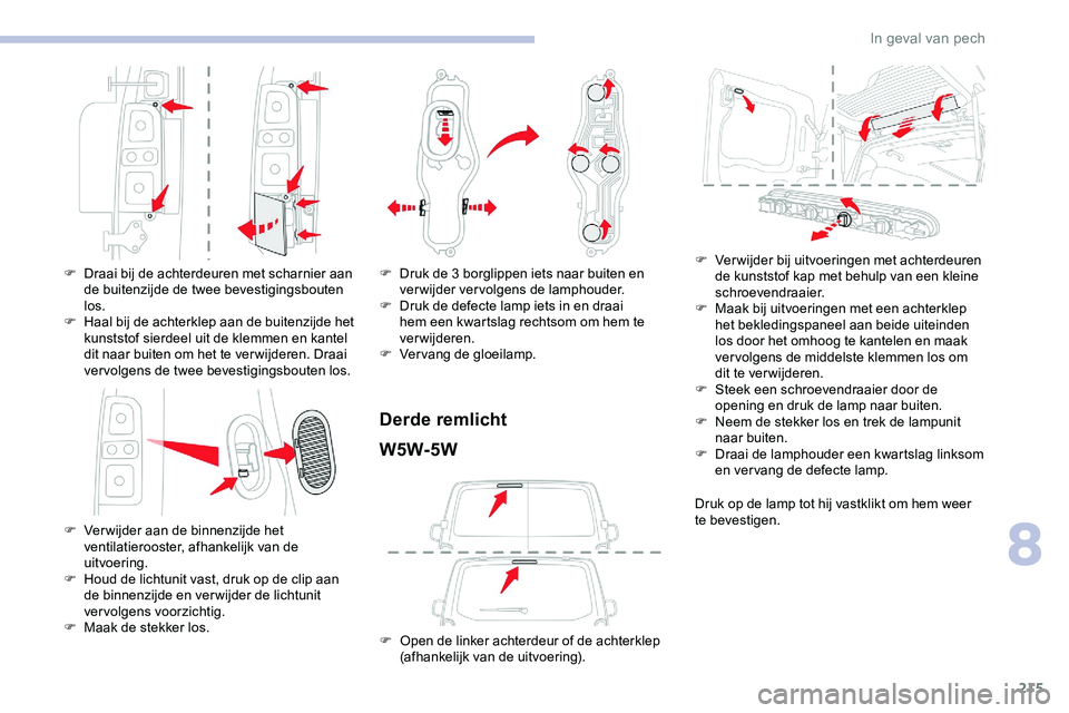 CITROEN JUMPER SPACETOURER 2020 Instructieboekjes (in Dutch) 215
F Draai bij de achterdeuren met scharnier aan de buitenzijde de twee bevestigingsbouten
los.
F
H
aal bij de achterklep aan de buitenzijde het
kunststof sierdeel uit de klemmen en kantel
dit CITROEN JUMPER SPACETOURER 2020 Instructieboekjes (in Dutch) 215
F Draai bij de achterdeuren met scharnier aan de buitenzijde de twee bevestigingsbouten
los.
F
H
aal bij de achterklep aan de buitenzijde het
kunststof sierdeel uit de klemmen en kantel
dit