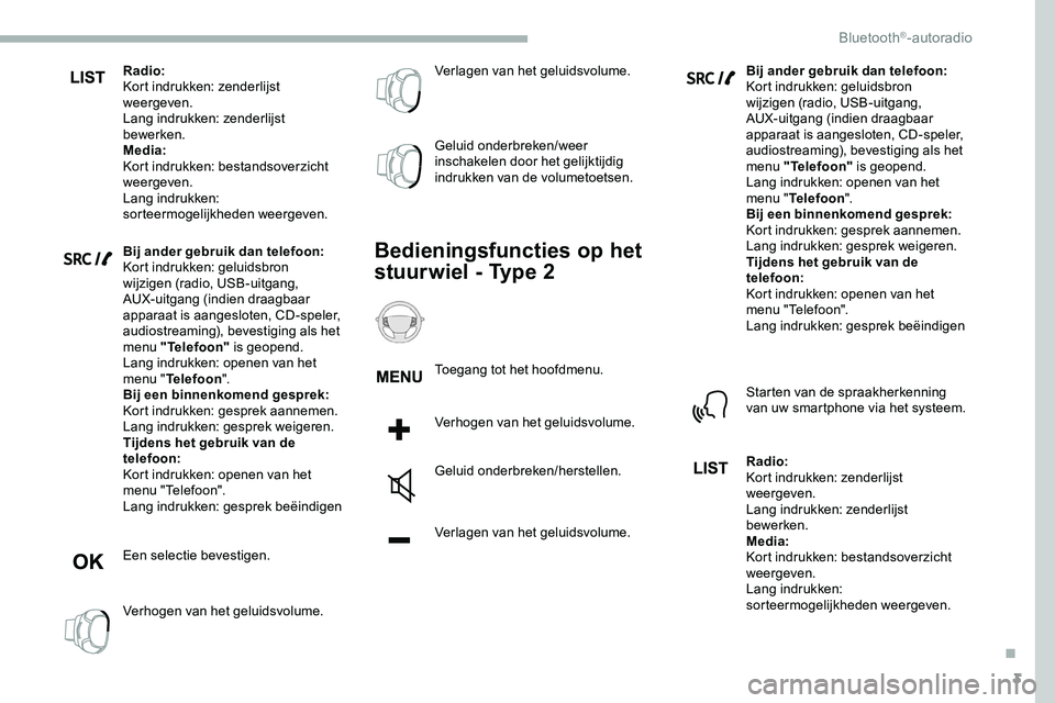 CITROEN JUMPER SPACETOURER 2020 Instructieboekjes (in Dutch) 3
Radio:
Kort indrukken: zenderlijst
weergeven.
Lang indrukken: zenderlijst
bewerken.
Media:
Kort indrukken: bestandsoverzicht
weergeven.
Lang indrukken:
sorteermogelijkheden weergeven.
Bij ander CITROEN JUMPER SPACETOURER 2020 Instructieboekjes (in Dutch) 3
Radio:
Kort indrukken: zenderlijst
weergeven.
Lang indrukken: zenderlijst
bewerken.
Media:
Kort indrukken: bestandsoverzicht
weergeven.
Lang indrukken:
sorteermogelijkheden weergeven.
Bij ander