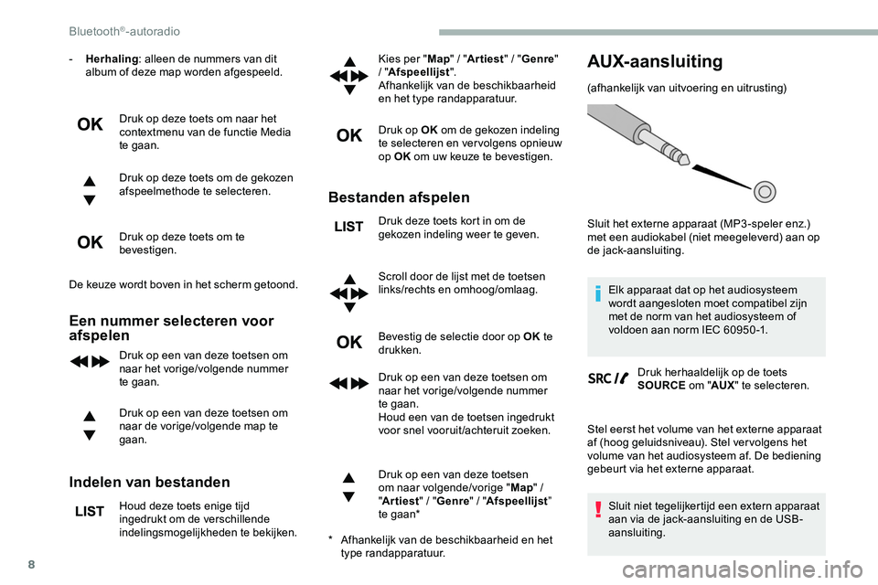 CITROEN JUMPER SPACETOURER 2020 Instructieboekjes (in Dutch) 8
- Herhaling: alleen de nummers van dit
album of deze map worden afgespeeld.
Druk op deze toets om naar het
contextmenu van de functie Media
te gaan.
Druk op deze toets om de gekozen
afspeelmetho CITROEN JUMPER SPACETOURER 2020 Instructieboekjes (in Dutch) 8
- Herhaling: alleen de nummers van dit
album of deze map worden afgespeeld.
Druk op deze toets om naar het
contextmenu van de functie Media
te gaan.
Druk op deze toets om de gekozen
afspeelmetho