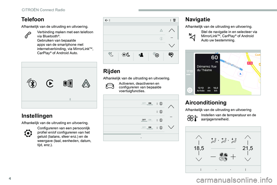 CITROEN JUMPER SPACETOURER 2020  Instructieboekjes (in Dutch) 4
21,518,5
Telefoon
Afhankelijk van de uitrusting en uitvoering.Verbinding maken met een telefoon 
via Bluetooth
®.
Gebruiken van bepaalde 
apps van de smartphone met 
internetverbinding, via MirrorL