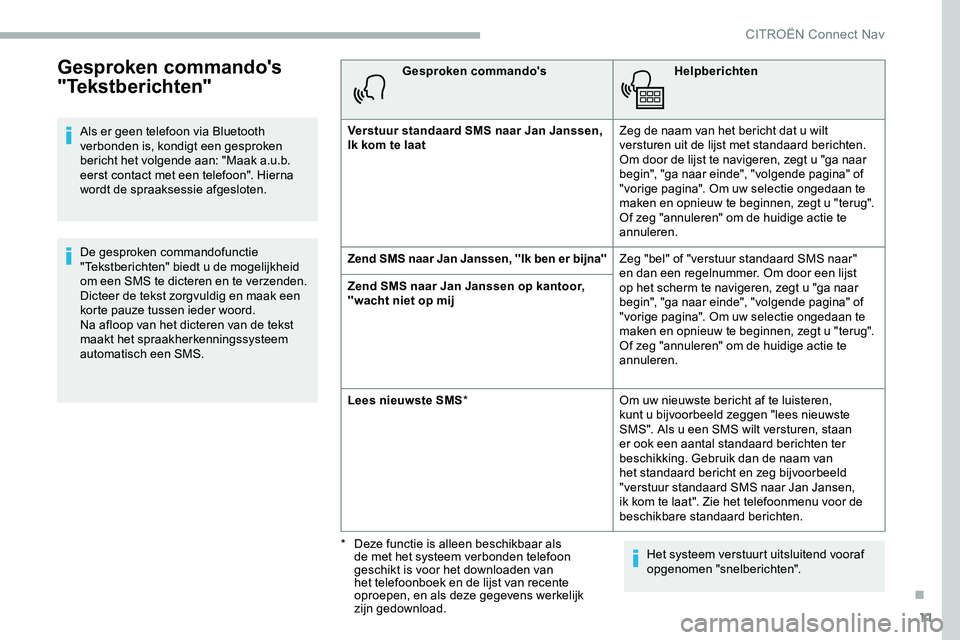 CITROEN JUMPER SPACETOURER 2020 Instructieboekjes (in Dutch) 11
Gesproken commando's
"Tekstberichten"
Als er geen telefoon via Bluetooth
verbonden is, kondigt een gesproken
bericht het volgende aan: "Maak a.u.b.
eerst contact met een telefoo CITROEN JUMPER SPACETOURER 2020 Instructieboekjes (in Dutch) 11
Gesproken commando's
"Tekstberichten"
Als er geen telefoon via Bluetooth
verbonden is, kondigt een gesproken
bericht het volgende aan: "Maak a.u.b.
eerst contact met een telefoo