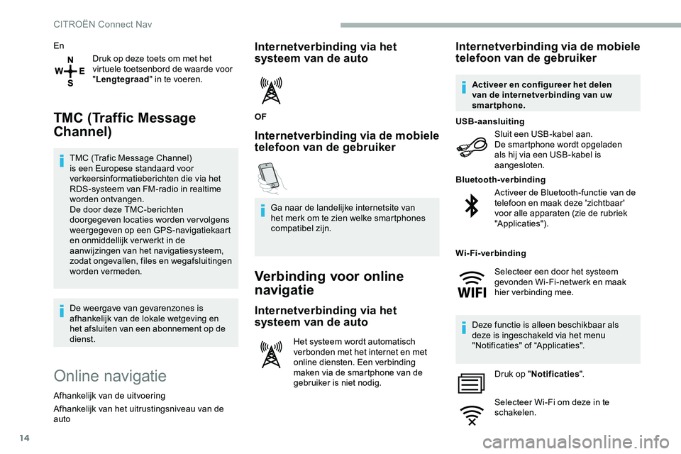 CITROEN JUMPER SPACETOURER 2020 Instructieboekjes (in Dutch) 14
EnDruk op deze toets om met het
virtuele toetsenbord de waarde voor
"Lengtegraad " in te voeren.
TMC (Traffic Message
Channel)
TMC (Trafic Message Channel)
is een Europese standaard voo CITROEN JUMPER SPACETOURER 2020 Instructieboekjes (in Dutch) 14
EnDruk op deze toets om met het
virtuele toetsenbord de waarde voor
"Lengtegraad " in te voeren.
TMC (Traffic Message
Channel)
TMC (Trafic Message Channel)
is een Europese standaard voo