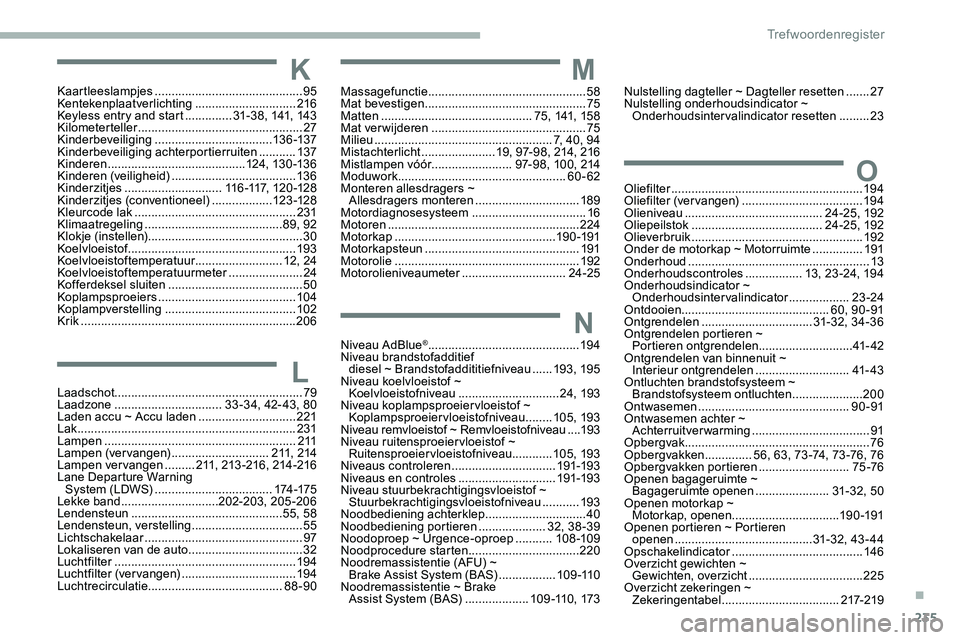CITROEN JUMPER SPACETOURER 2020 Instructieboekjes (in Dutch) 235
LLaadschot........................................................ 79
Laadzone ................................ 3
3 -34, 42- 43, 80
Laden accu ~ Accu laden
.............................221
Lak
CITROEN JUMPER SPACETOURER 2020 Instructieboekjes (in Dutch) 235
LLaadschot........................................................ 79
Laadzone ................................ 3
3 -34, 42- 43, 80
Laden accu ~ Accu laden
.............................221
Lak