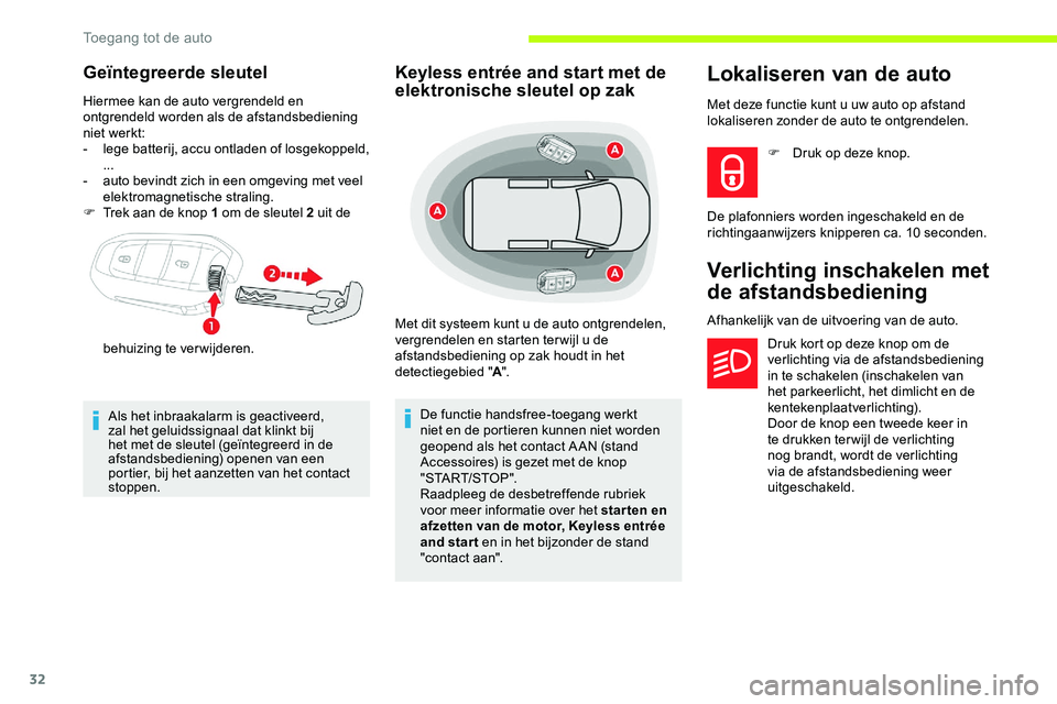 CITROEN JUMPER SPACETOURER 2020  Instructieboekjes (in Dutch) 32
Geïntegreerde sleutel
Hiermee kan de auto vergrendeld en 
ontgrendeld worden als de afstandsbediening 
niet werkt:
-
 l
ege batterij, accu ontladen of losgekoppeld, 
...
-
 
a
 uto bevindt zich in