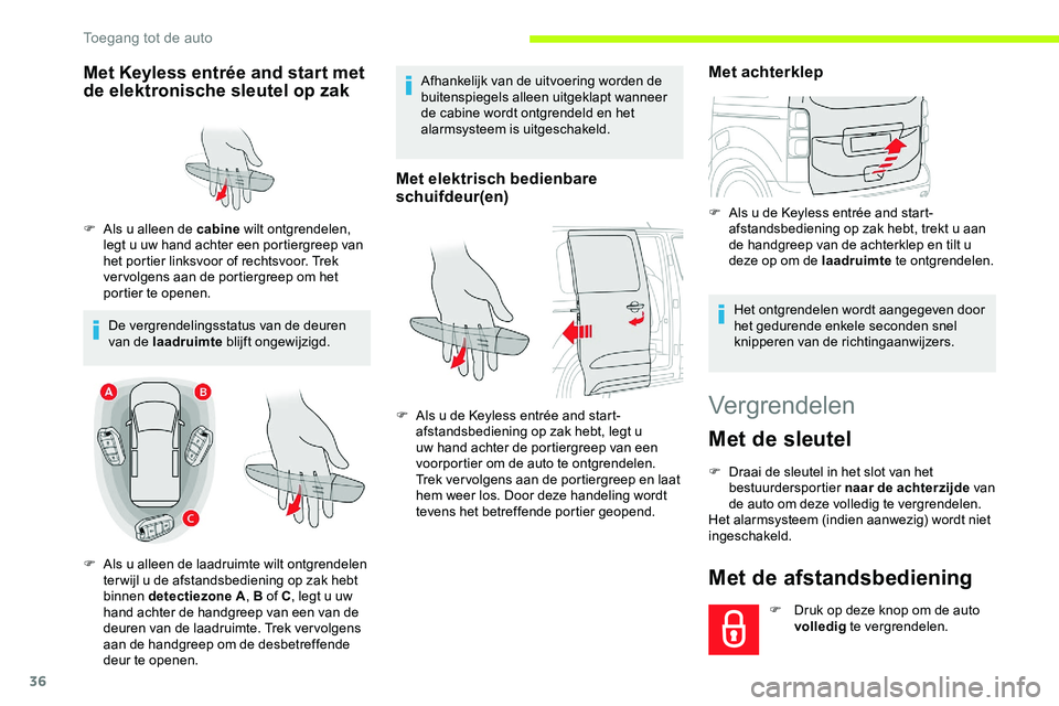 CITROEN JUMPER SPACETOURER 2020 Instructieboekjes (in Dutch) 36
Vergrendelen
Met de sleutel
F Draai de sleutel in het slot van het bestuurdersportier naar de achterzijde van
de auto om deze volledig te vergrendelen.
Het alarmsysteem (indien aanwezig) wordt ni CITROEN JUMPER SPACETOURER 2020 Instructieboekjes (in Dutch) 36
Vergrendelen
Met de sleutel
F Draai de sleutel in het slot van het bestuurdersportier naar de achterzijde van
de auto om deze volledig te vergrendelen.
Het alarmsysteem (indien aanwezig) wordt ni