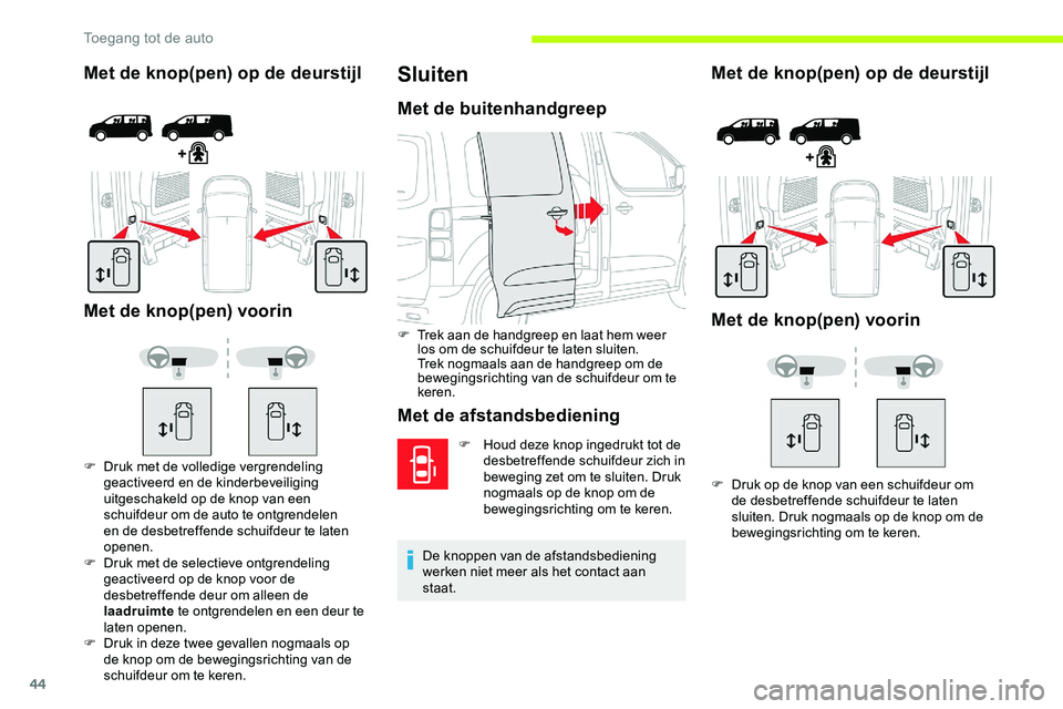 CITROEN JUMPER SPACETOURER 2020 Instructieboekjes (in Dutch) 44
Met de knop(pen) op de deurstijl
Met de knop(pen) voorin
F Druk met de volledige vergrendeling geactiveerd en de kinderbeveiliging
uitgeschakeld op de knop van een
schuifdeur om de auto te ontgr CITROEN JUMPER SPACETOURER 2020 Instructieboekjes (in Dutch) 44
Met de knop(pen) op de deurstijl
Met de knop(pen) voorin
F Druk met de volledige vergrendeling geactiveerd en de kinderbeveiliging
uitgeschakeld op de knop van een
schuifdeur om de auto te ontgr