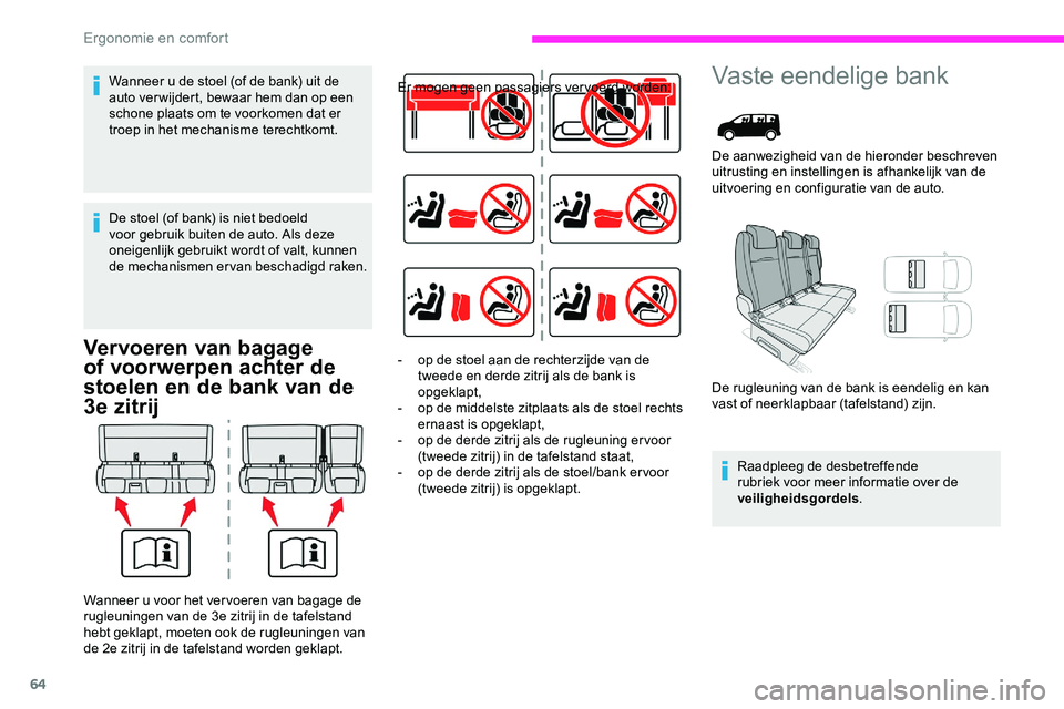 CITROEN JUMPER SPACETOURER 2020  Instructieboekjes (in Dutch) 64
Vervoeren van bagage 
of voorwerpen achter de 
stoelen en de bank van de 
3e zitrij
Er mogen geen passagiers vervoerd worden:Vaste eendelige bank
De aanwezigheid van de hieronder beschreven 
uitrus