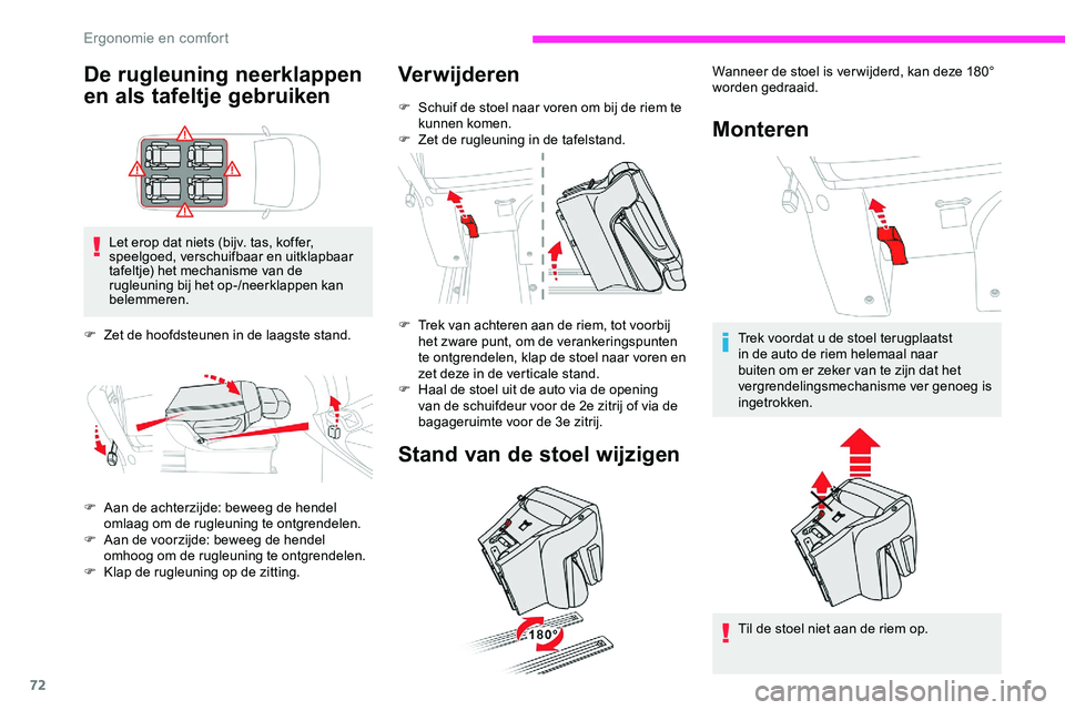 CITROEN JUMPER SPACETOURER 2020 Instructieboekjes (in Dutch) 72
De rugleuning neerklappen
en als tafeltje gebruiken
Let erop dat niets (bijv. tas, koffer,
speelgoed, verschuifbaar en uitklapbaar
tafeltje) het mechanisme van de
rugleuning bij het op-/neerkla CITROEN JUMPER SPACETOURER 2020 Instructieboekjes (in Dutch) 72
De rugleuning neerklappen
en als tafeltje gebruiken
Let erop dat niets (bijv. tas, koffer,
speelgoed, verschuifbaar en uitklapbaar
tafeltje) het mechanisme van de
rugleuning bij het op-/neerkla