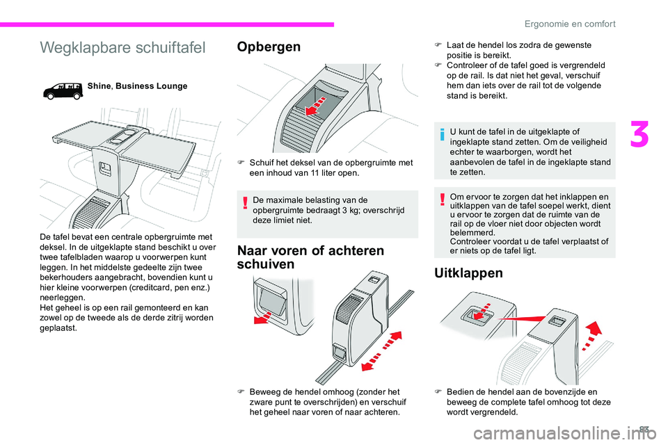 CITROEN JUMPER SPACETOURER 2020 Instructieboekjes (in Dutch) 83
Wegklapbare schuiftafel
Shine, Business Lounge
De tafel bevat een centrale opbergruimte met
deksel. In de uitgeklapte stand beschikt u over
twee tafelbladen waarop u voor werpen kunt
leggen. In CITROEN JUMPER SPACETOURER 2020 Instructieboekjes (in Dutch) 83
Wegklapbare schuiftafel
Shine, Business Lounge
De tafel bevat een centrale opbergruimte met
deksel. In de uitgeklapte stand beschikt u over
twee tafelbladen waarop u voor werpen kunt
leggen. In