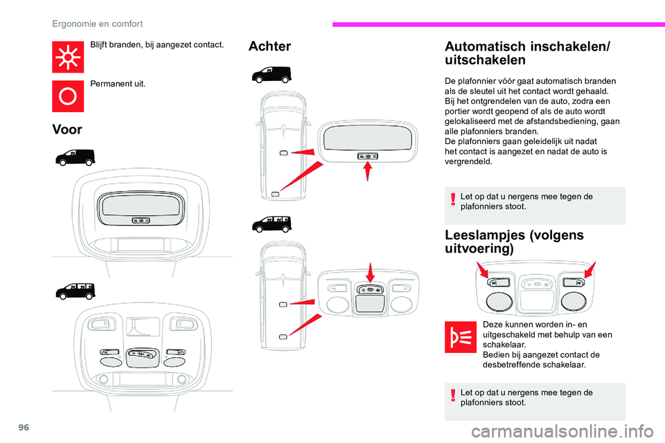 CITROEN JUMPER SPACETOURER 2020 Instructieboekjes (in Dutch) 96
Blijft branden, bij aangezet contact.
Permanent uit.
VoorAchter
Let op dat u nergens mee tegen de
plafonniers stoot.
Leeslampjes (volgens
uit voering)
Automatisch inschakelen/
uitschakelen
Deze k CITROEN JUMPER SPACETOURER 2020 Instructieboekjes (in Dutch) 96
Blijft branden, bij aangezet contact.
Permanent uit.
VoorAchter
Let op dat u nergens mee tegen de
plafonniers stoot.
Leeslampjes (volgens
uit voering)
Automatisch inschakelen/
uitschakelen
Deze k
