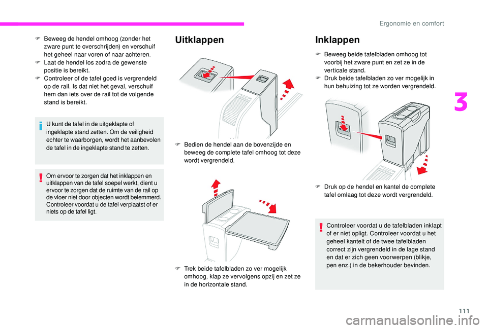CITROEN JUMPER SPACETOURER 2018 Instructieboekjes (in Dutch) 111
F Beweeg de hendel omhoog (zonder het zware punt te overschrijden) en verschuif
het geheel naar voren of naar achteren.
F
L
aat de hendel los zodra de gewenste
positie is bereikt.
F
C
ontr CITROEN JUMPER SPACETOURER 2018 Instructieboekjes (in Dutch) 111
F Beweeg de hendel omhoog (zonder het zware punt te overschrijden) en verschuif
het geheel naar voren of naar achteren.
F
L
aat de hendel los zodra de gewenste
positie is bereikt.
F
C
ontr