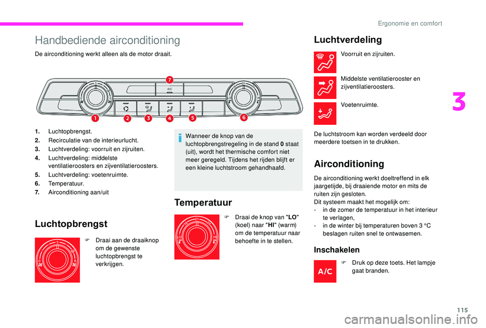 CITROEN JUMPER SPACETOURER 2018  Instructieboekjes (in Dutch) 115
Handbediende airconditioning
De airconditioning werkt alleen als de motor draait.
1.Luchtopbrengst.
2. Recirculatie van de interieurlucht.
3. Luchtverdeling: voorruit en zijruiten.
4. Luchtverdeli