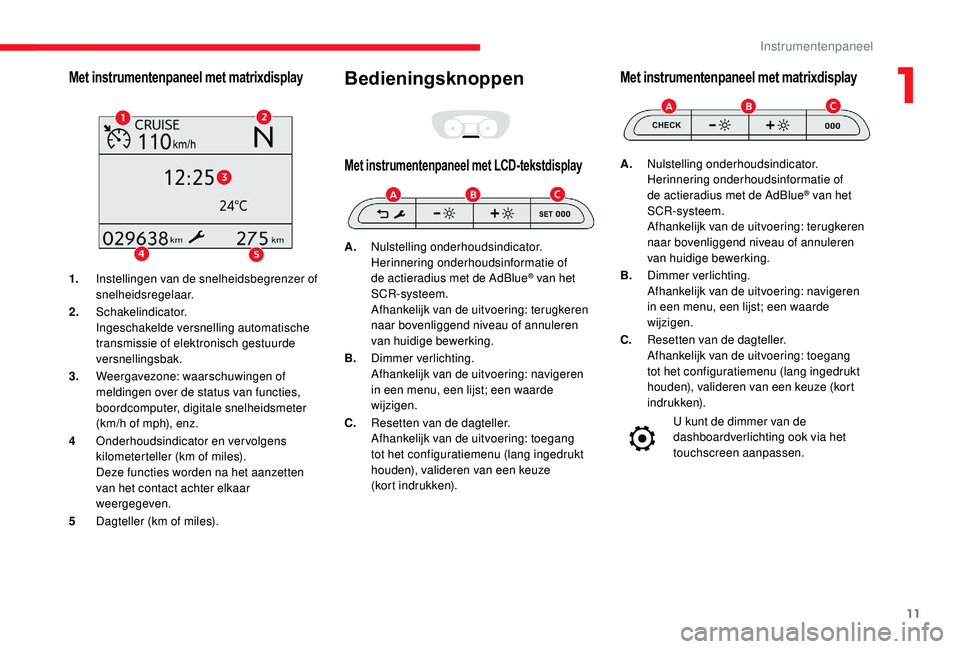 CITROEN JUMPER SPACETOURER 2018 Instructieboekjes (in Dutch) 11
Met instrumentenpaneel met matrixdisplay
1.Instellingen van de snelheidsbegrenzer of
snelheidsregelaar.
2. Schakelindicator.
Ingeschakelde versnelling automatische
transmissie of elektronisch ges CITROEN JUMPER SPACETOURER 2018 Instructieboekjes (in Dutch) 11
Met instrumentenpaneel met matrixdisplay
1.Instellingen van de snelheidsbegrenzer of
snelheidsregelaar.
2. Schakelindicator.
Ingeschakelde versnelling automatische
transmissie of elektronisch ges